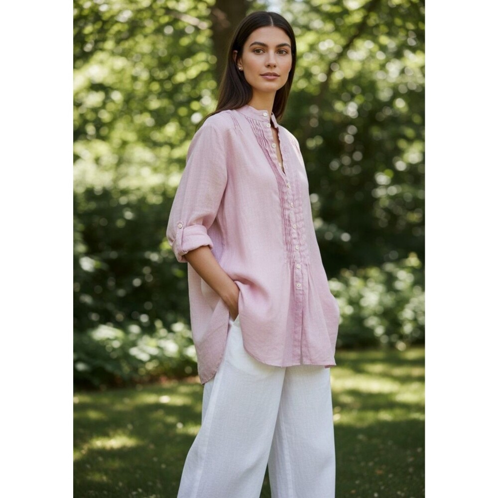 CP Shades Linen Button Front Tunic Top Pink Pintuck Oversized Coastal Cottage XS